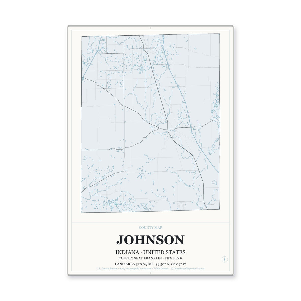 Johnson County, Indiana Map Aluminum Sign in Gallery Air style