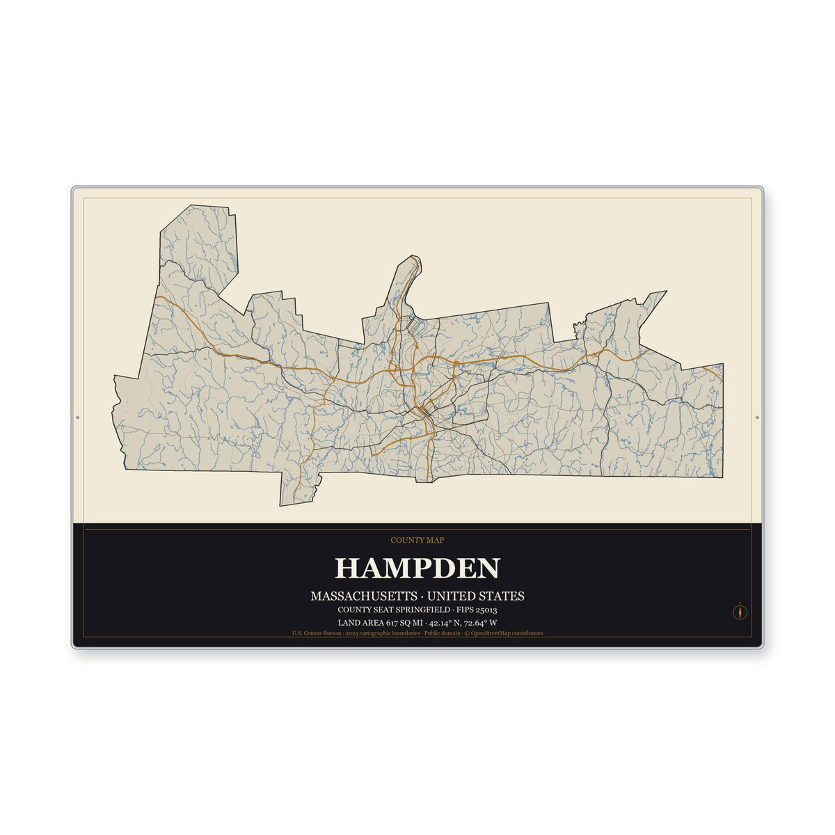 Hampden County, Massachusetts Map Aluminum Sign in Museum Plaque style