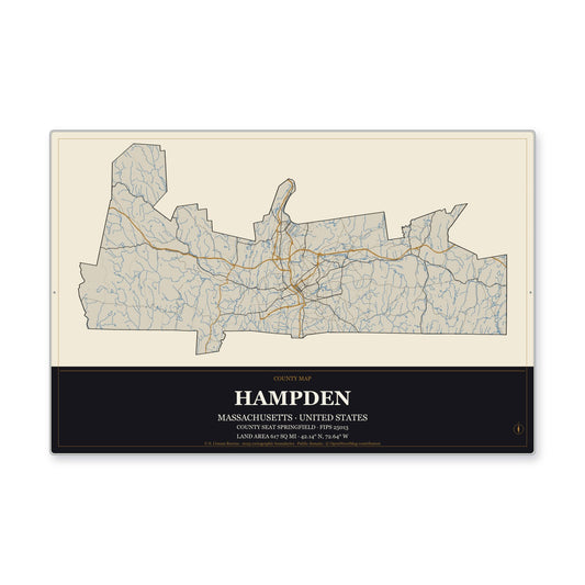 Hampden County, Massachusetts Map Aluminum Sign in Museum Plaque style