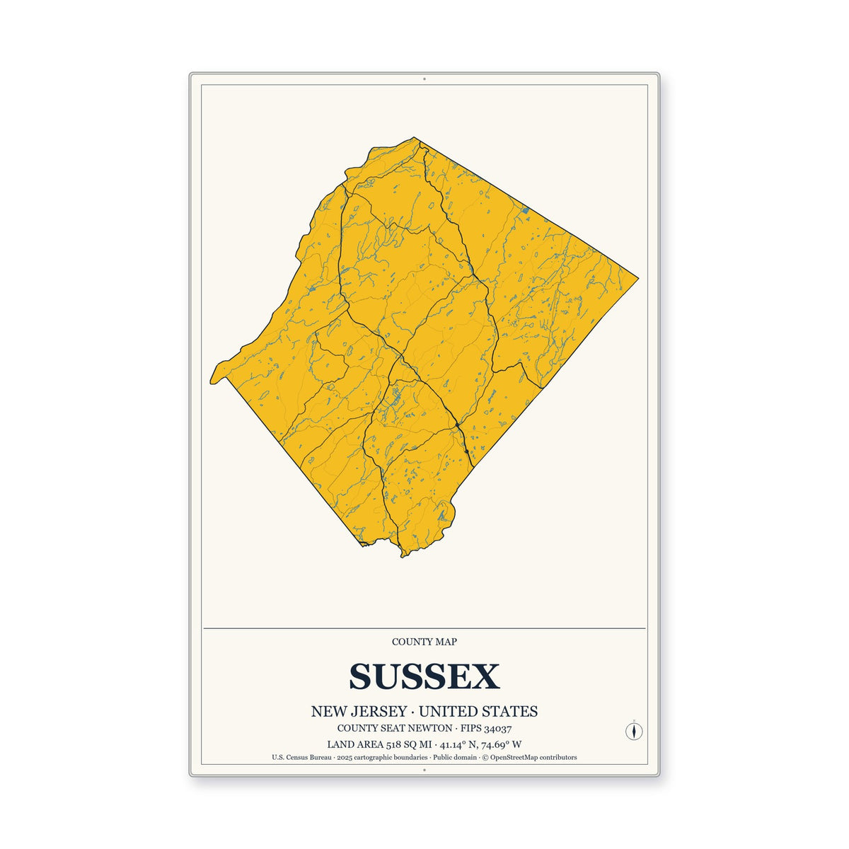 Sussex County, New Jersey Map Aluminum Sign in Citrine Modern style