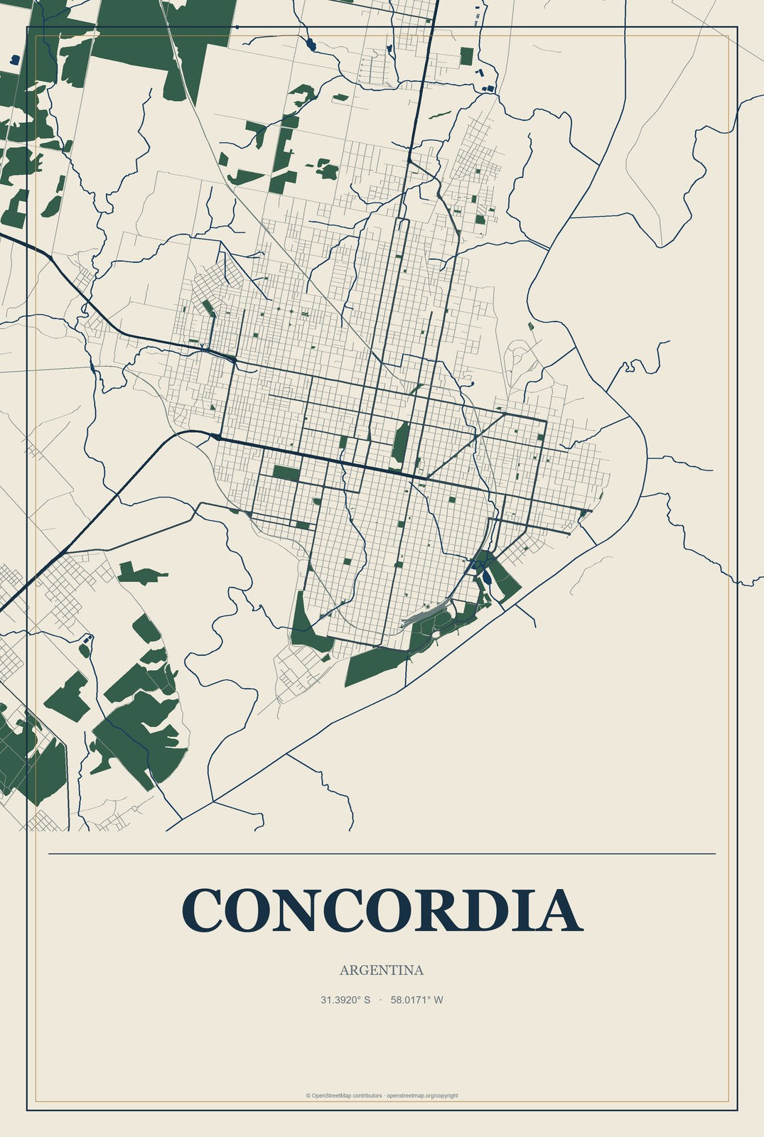 Concordia, Argentina City Map Aluminum Sign in Coastal Cutout style