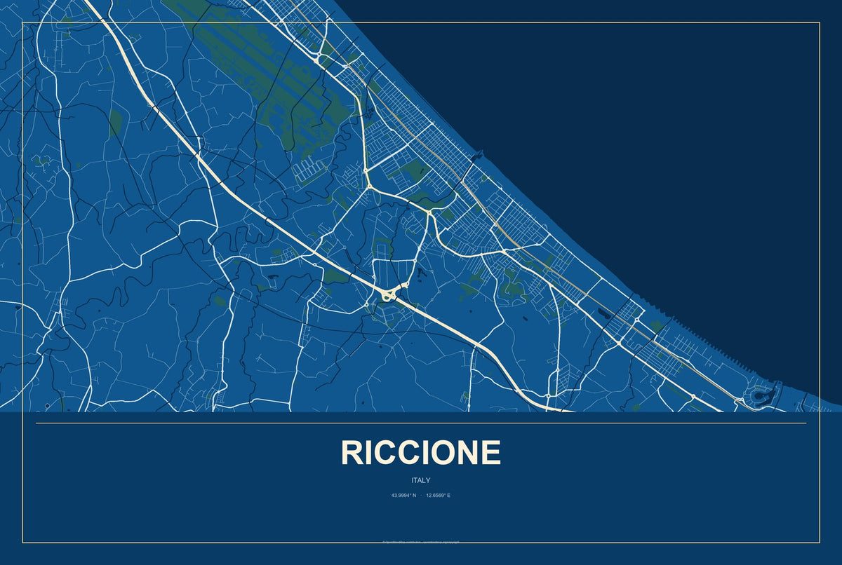 Riccione, Italy City Map Aluminum Sign in Harbor Cobalt style