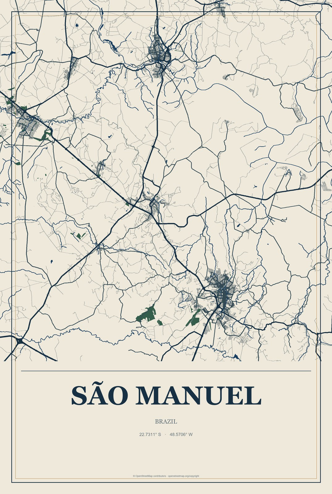 São Manuel, Brazil City Map Aluminum Sign in Coastal Cutout style