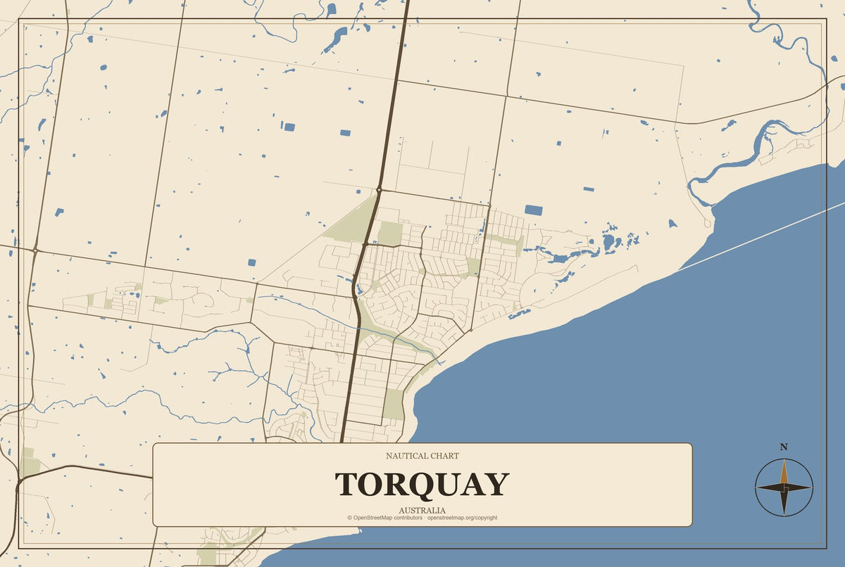 Torquay, Australia City Map Aluminum Sign in Heritage Nautical style