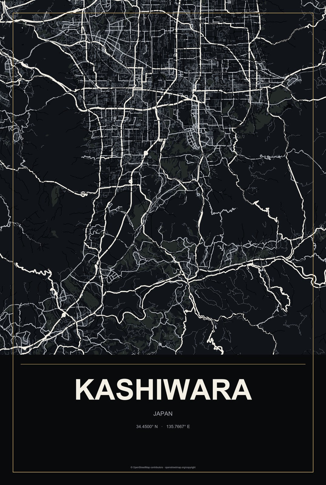 Kashiwara, Japan City Map Aluminum Sign in Metropolitan Noir style