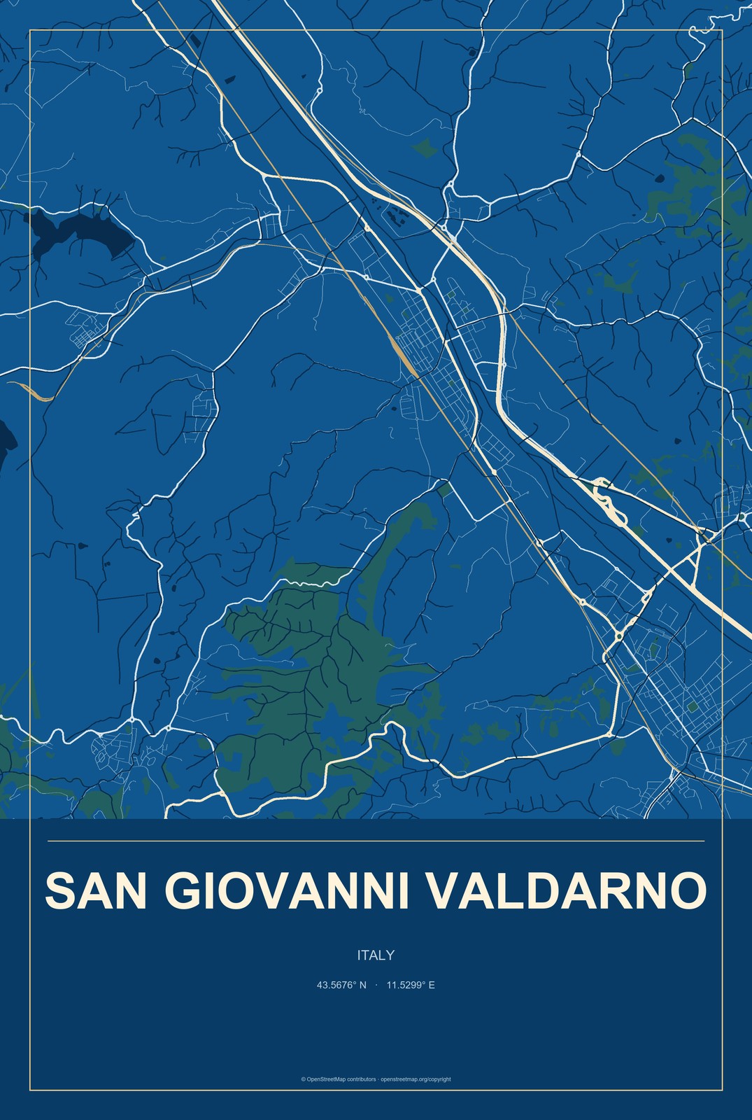 San Giovanni Valdarno, Italy City Map Aluminum Sign in Harbor Cobalt style