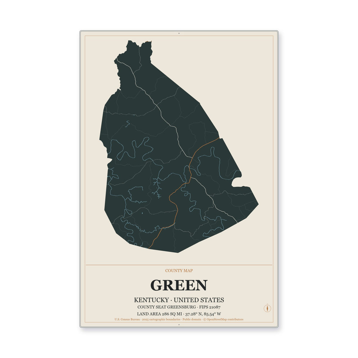 Green County, Kentucky Map Aluminum Sign in Headline Atlas style