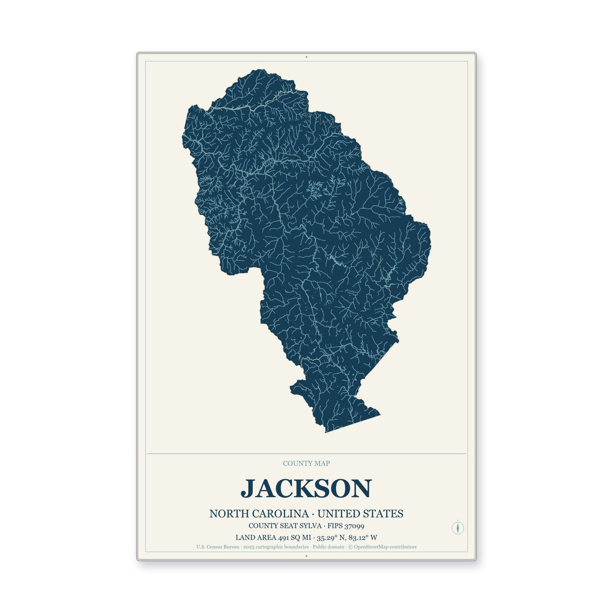 Jackson County, North Carolina Map Aluminum Sign in Coastal Cutout style