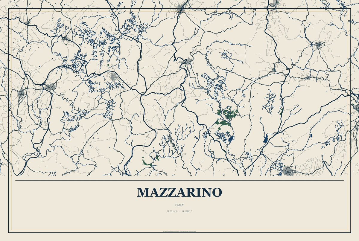 Mazzarino, Italy City Map Aluminum Sign in Coastal Cutout style