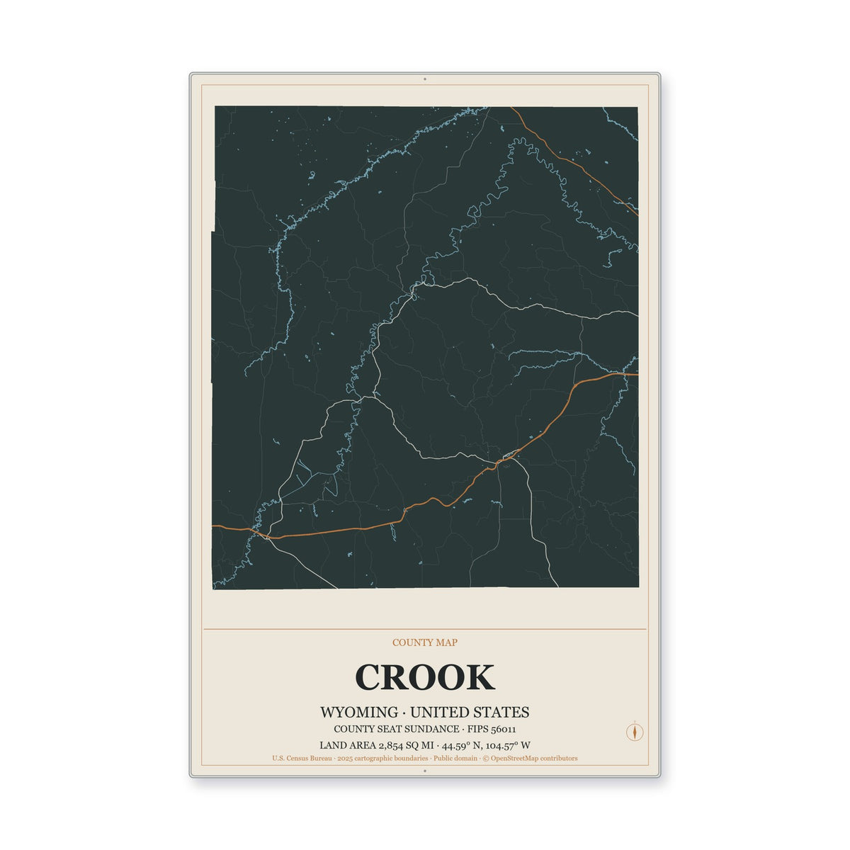 Crook County, Wyoming Map Aluminum Sign in Headline Atlas style