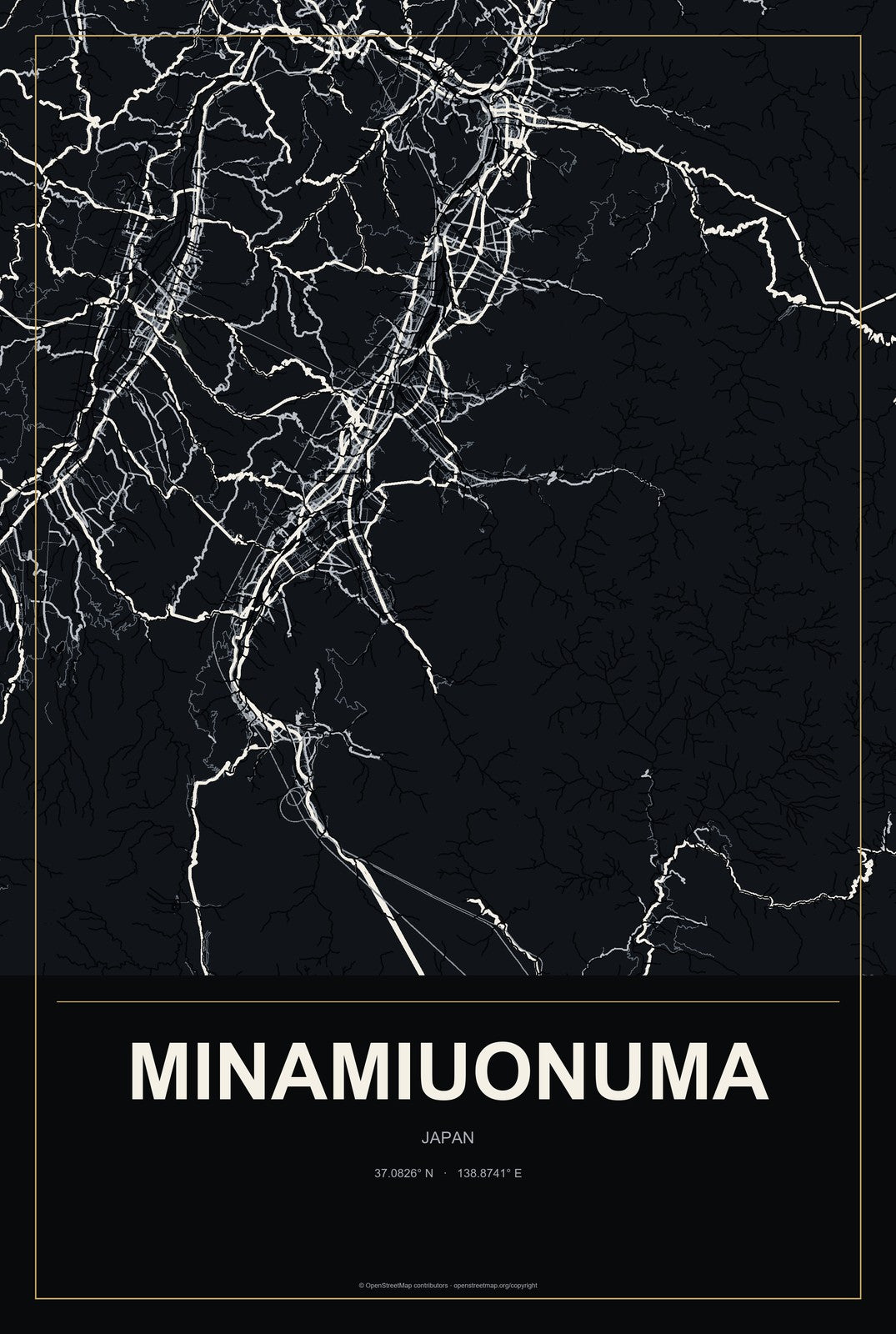 Minamiuonuma, Japan City Map Aluminum Sign in Metropolitan Noir style