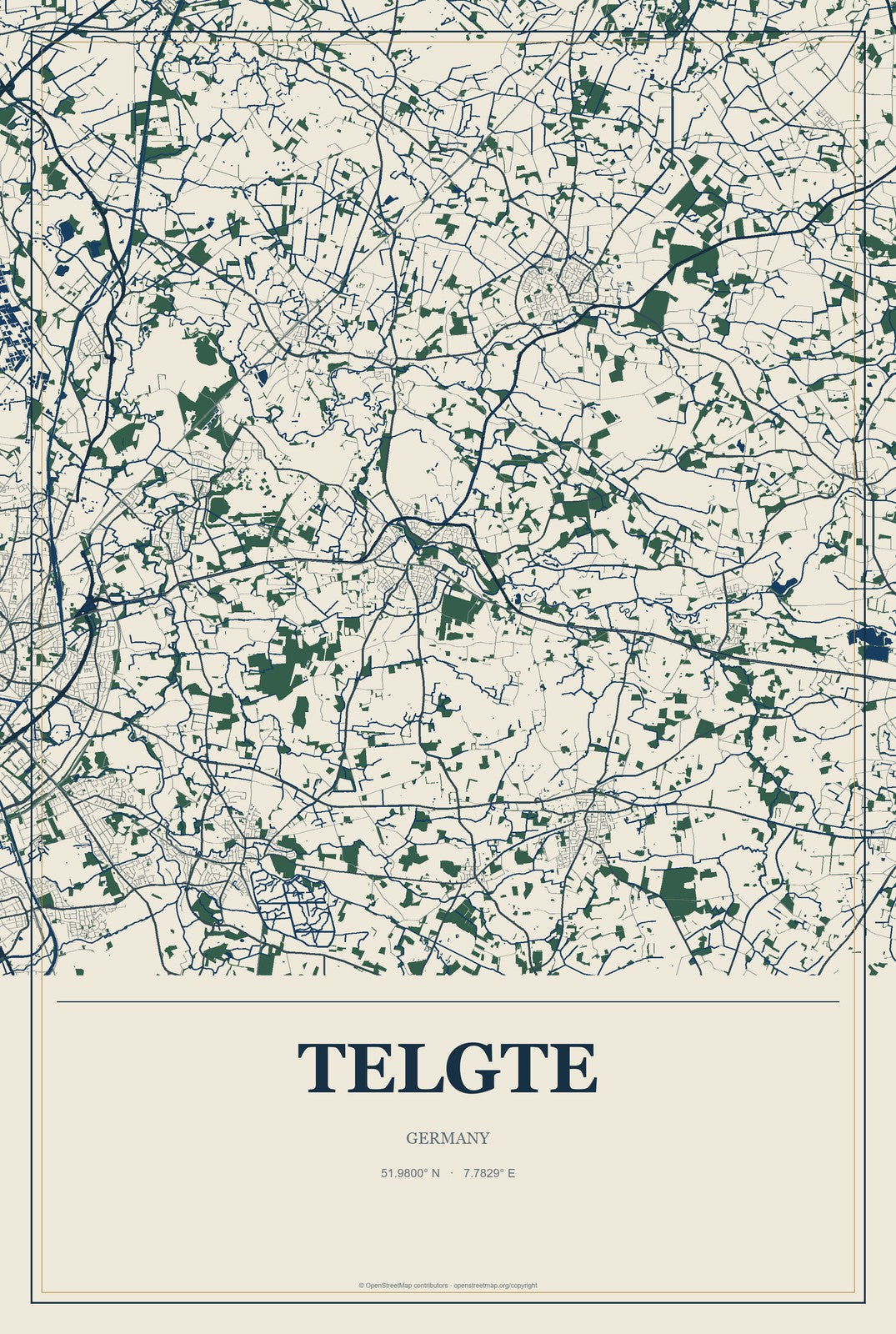 Telgte, Germany City Map Aluminum Sign in Coastal Cutout style
