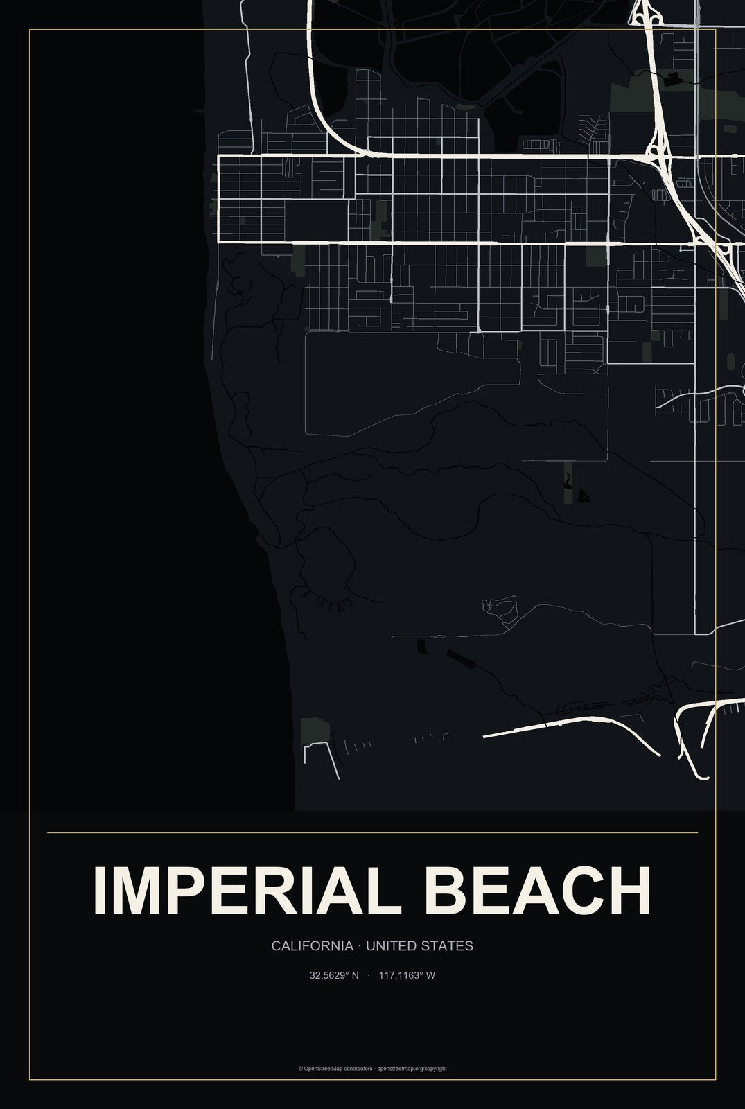 Imperial Beach, California City Map Aluminum Sign in Metropolitan Noir style
