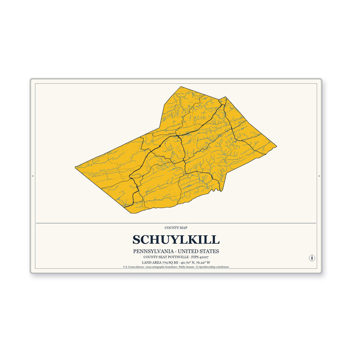 Schuylkill County, Pennsylvania Map Aluminum Sign in Citrine Modern style