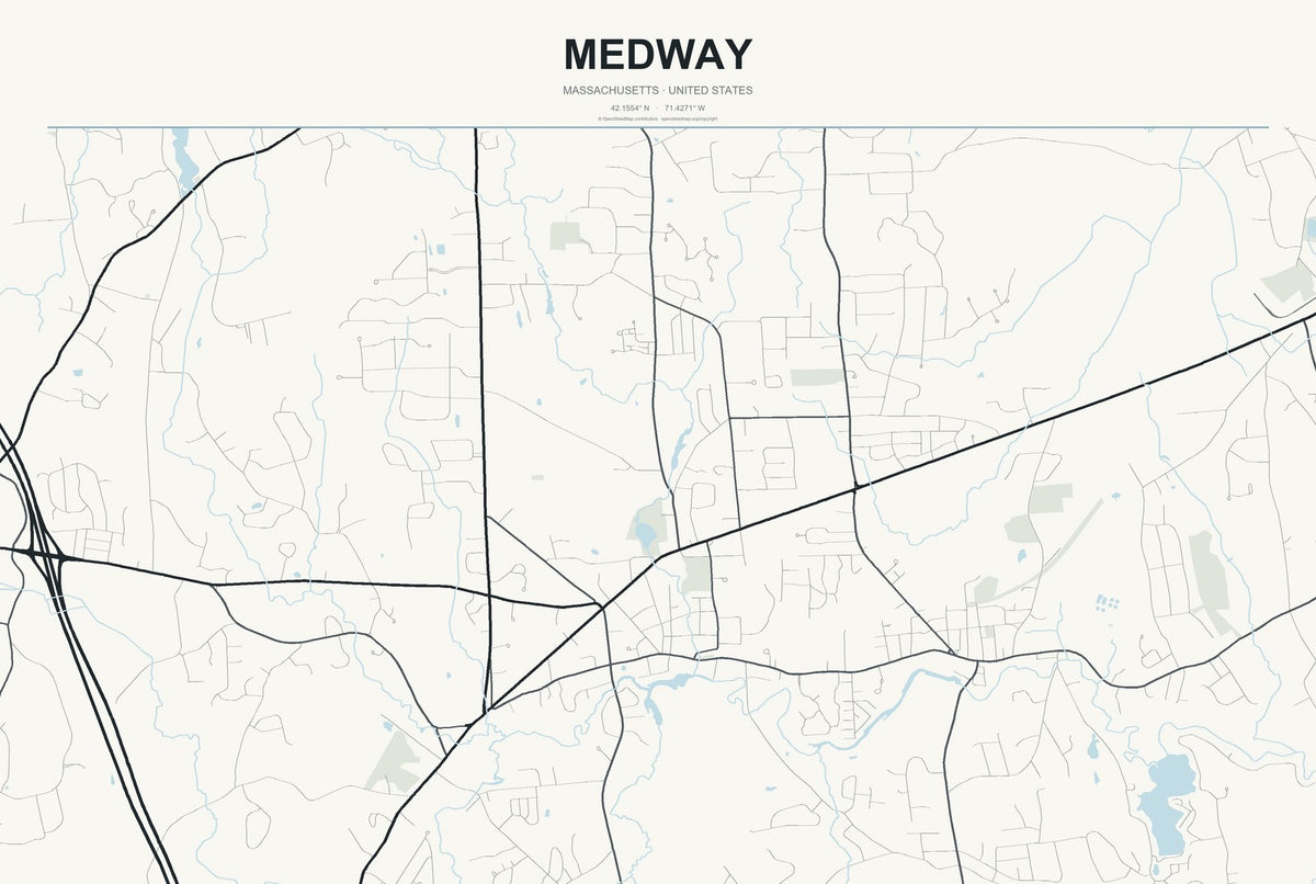 Medway, Massachusetts City Map Aluminum Sign in Headline Atlas style