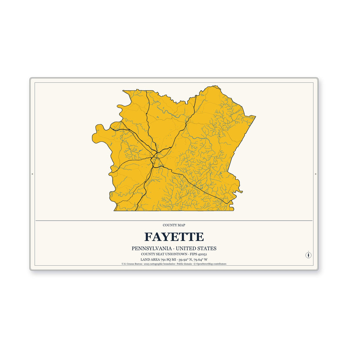 Fayette County, Pennsylvania Map Aluminum Sign in Citrine Modern style