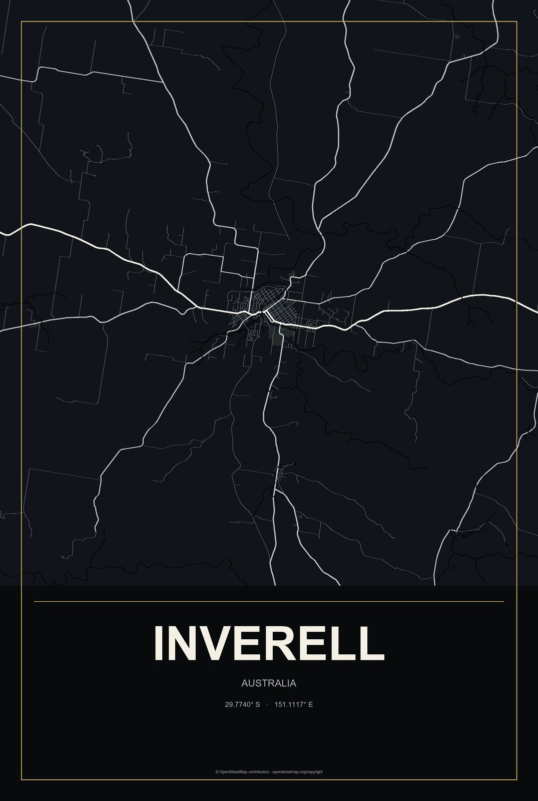 Inverell, Australia City Map Aluminum Sign in Metropolitan Noir style