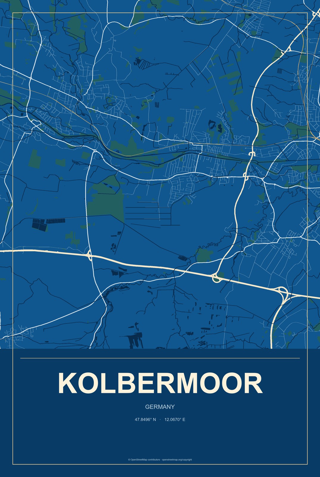 Kolbermoor, Germany City Map Aluminum Sign in Harbor Cobalt style