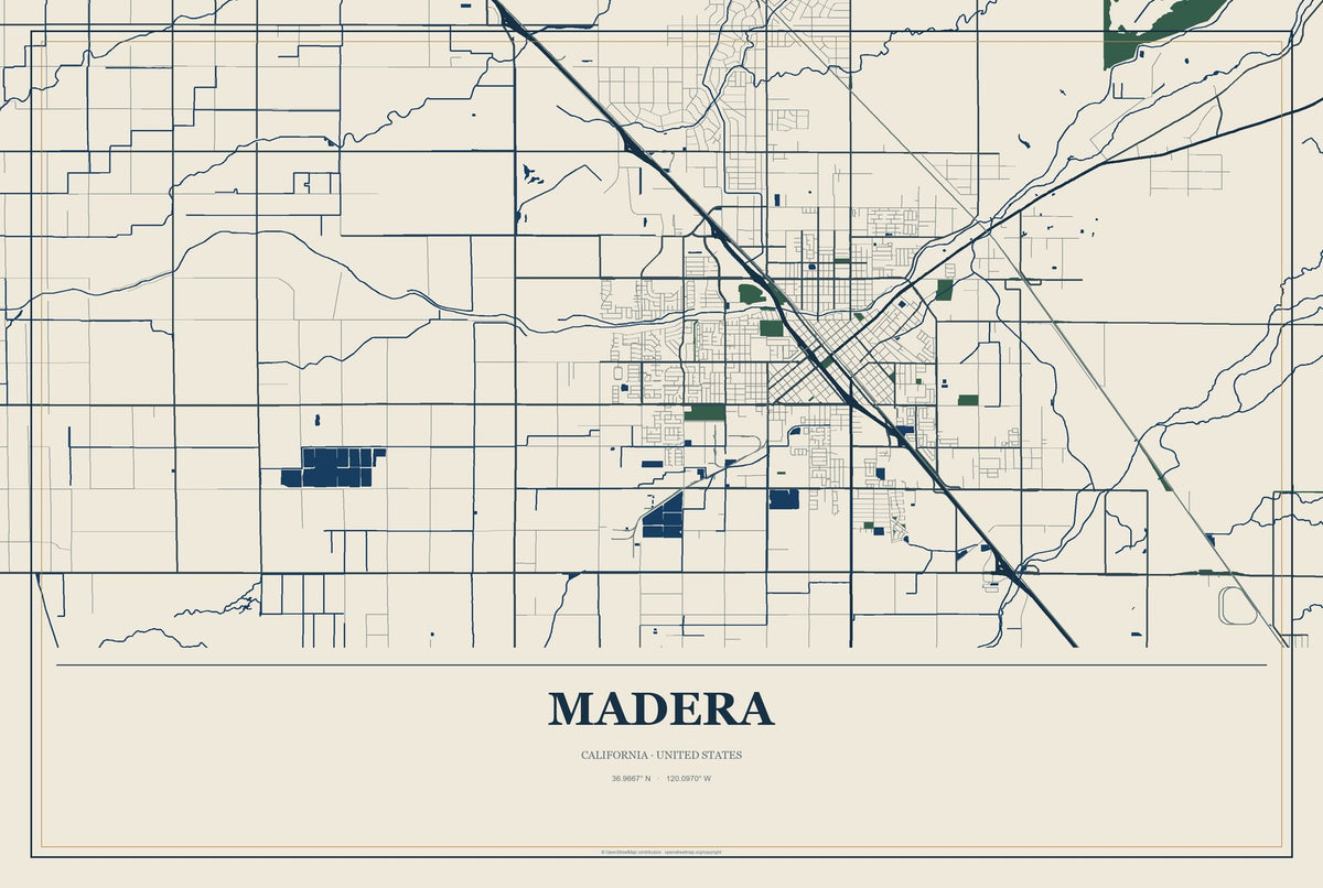 Madera, California City Map Aluminum Sign in Coastal Cutout style