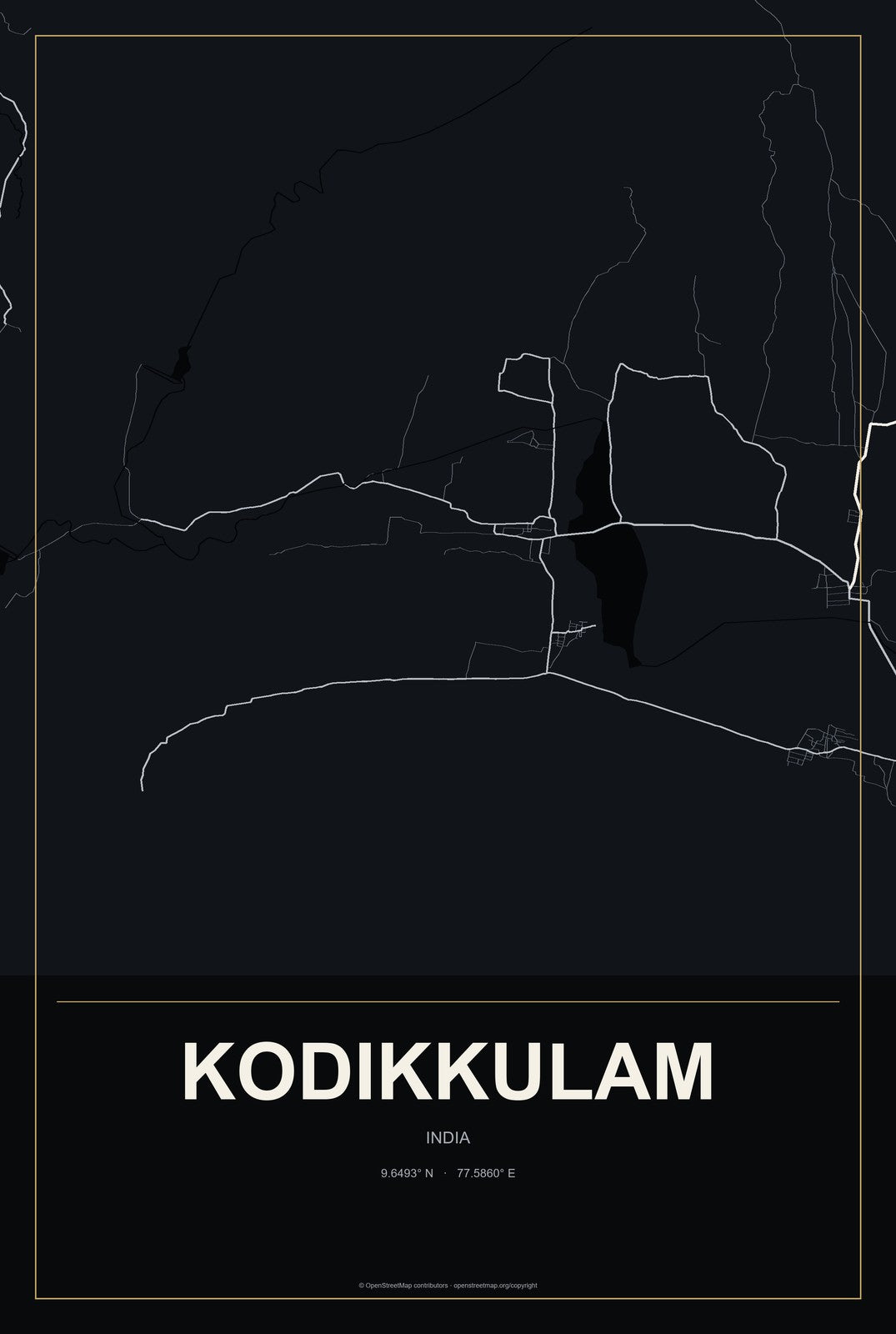 Kodikkulam, India City Map Aluminum Sign in Metropolitan Noir style