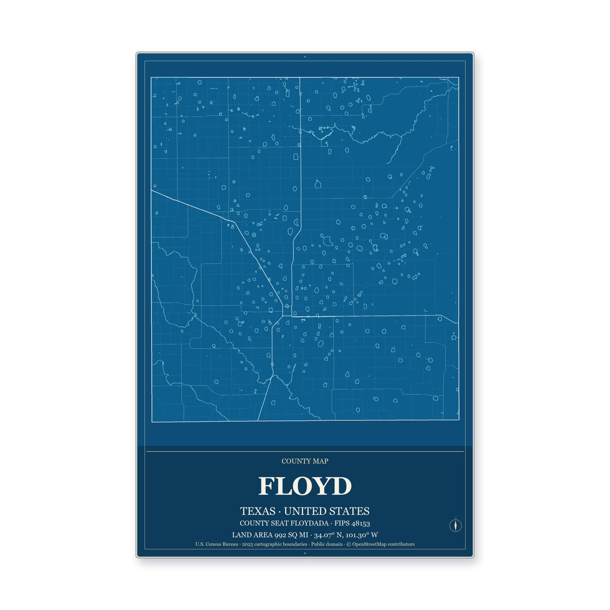 Floyd County, Texas Map Aluminum Sign in Harbor Cobalt style