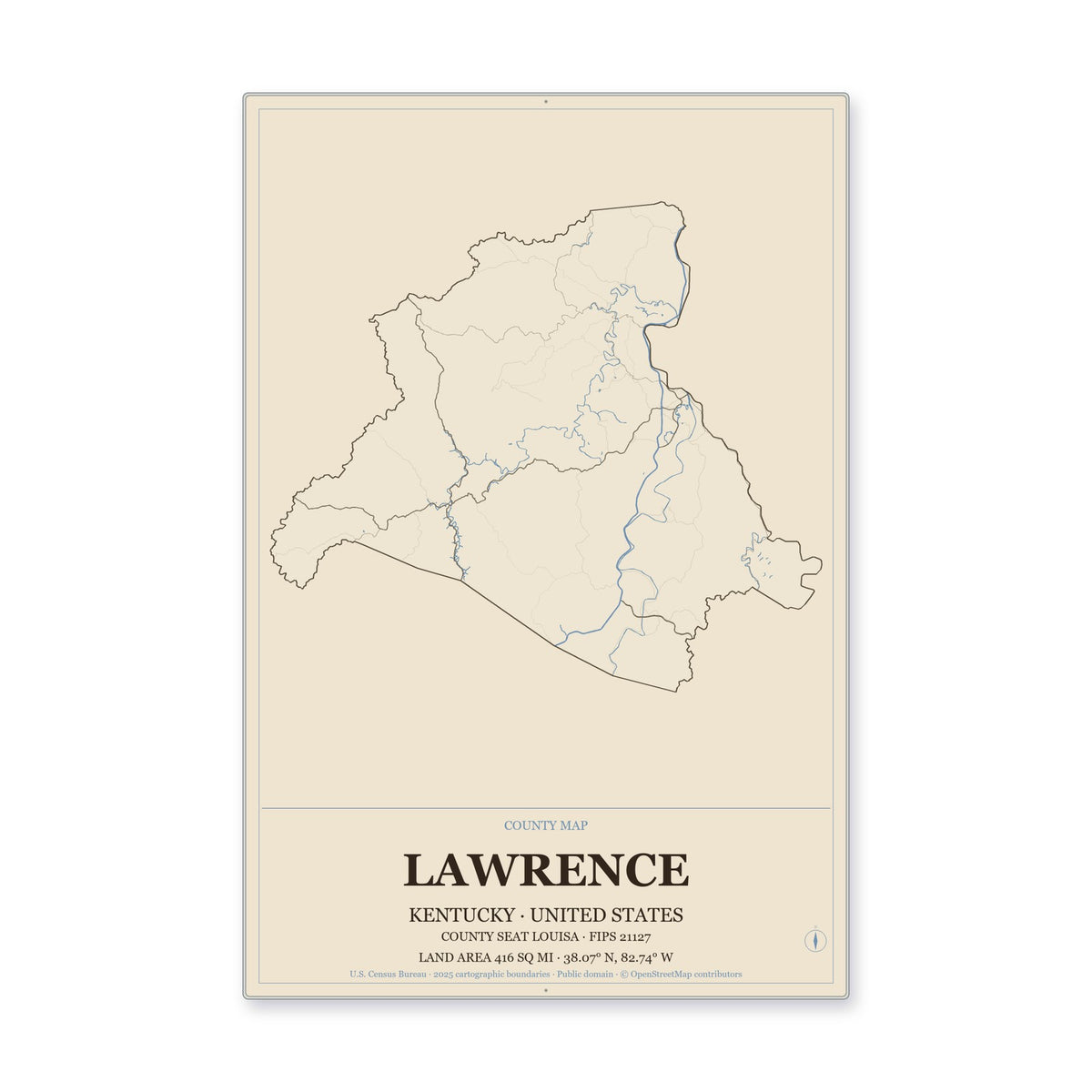 Lawrence County, Kentucky Map Aluminum Sign in Heritage Nautical style