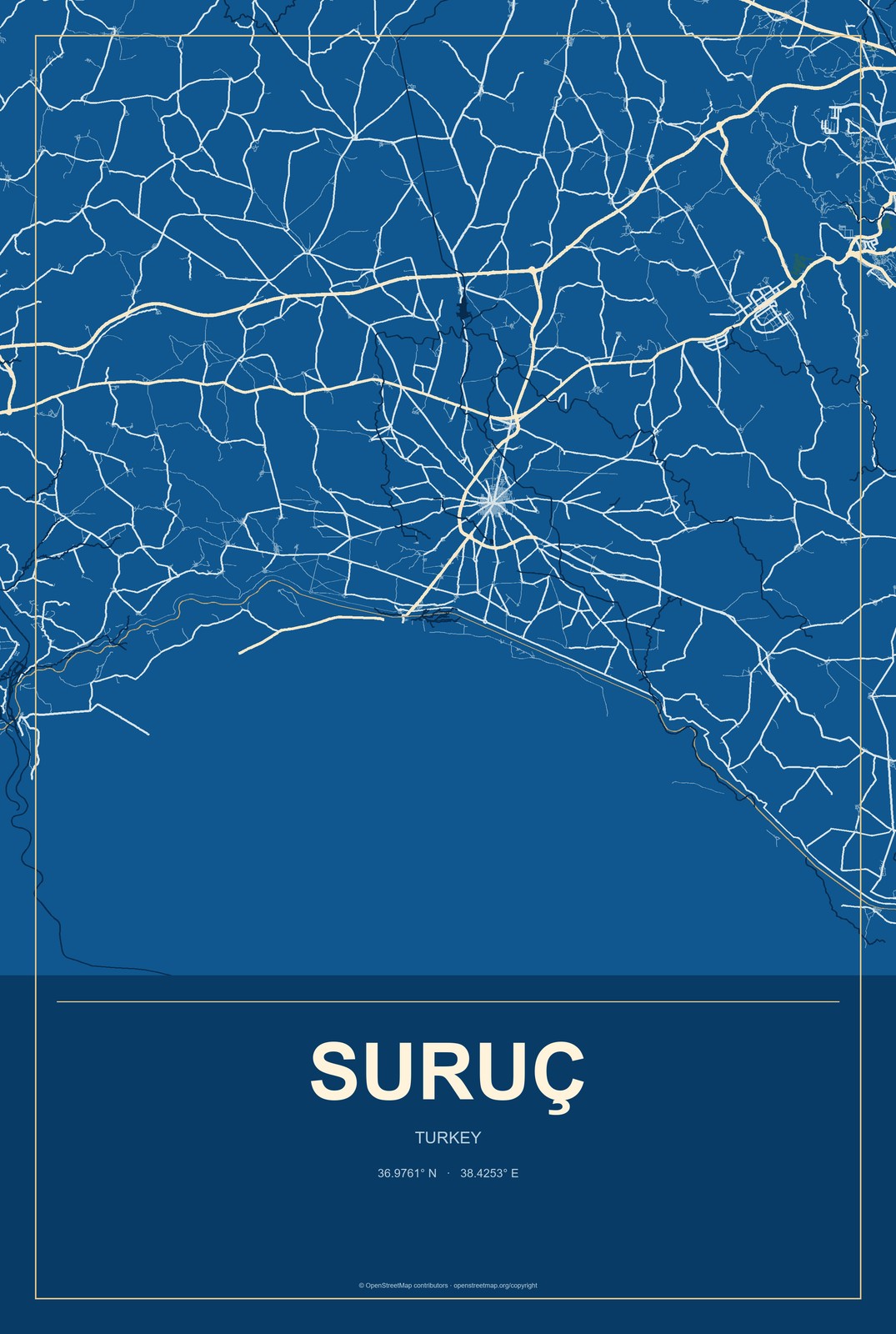 Suruç, Turkey City Map Aluminum Sign in Harbor Cobalt style