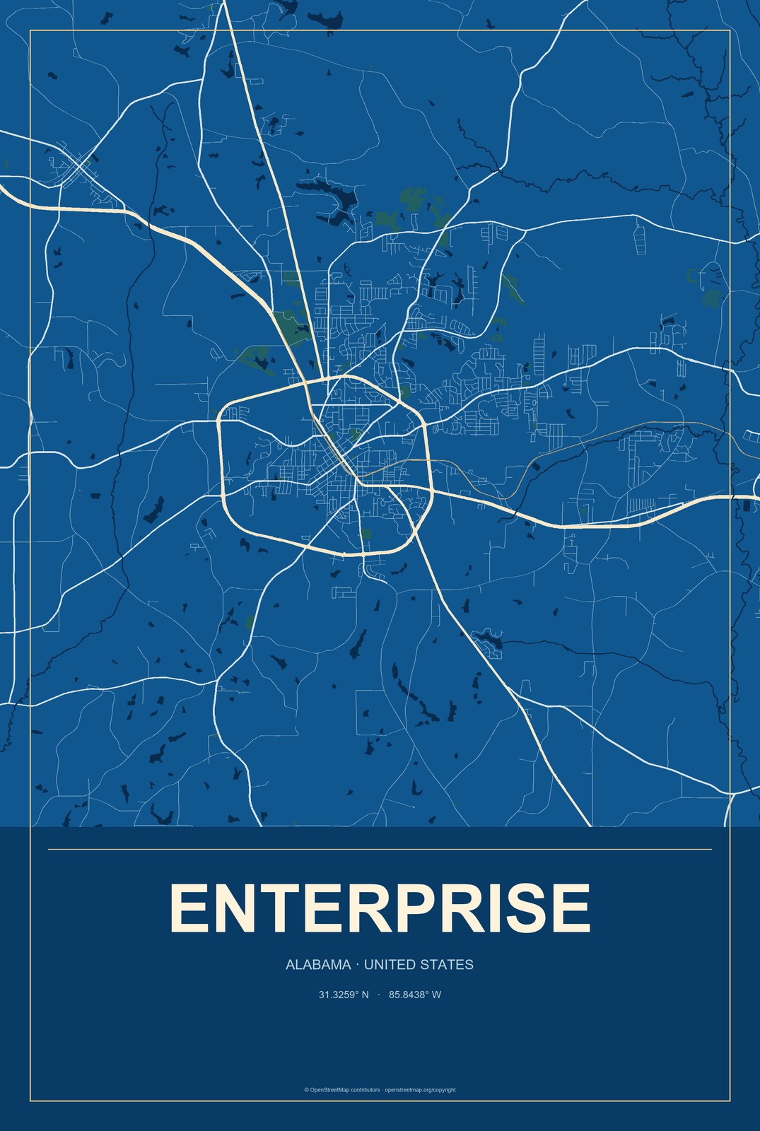 Enterprise, Alabama City Map Aluminum Sign in Harbor Cobalt style