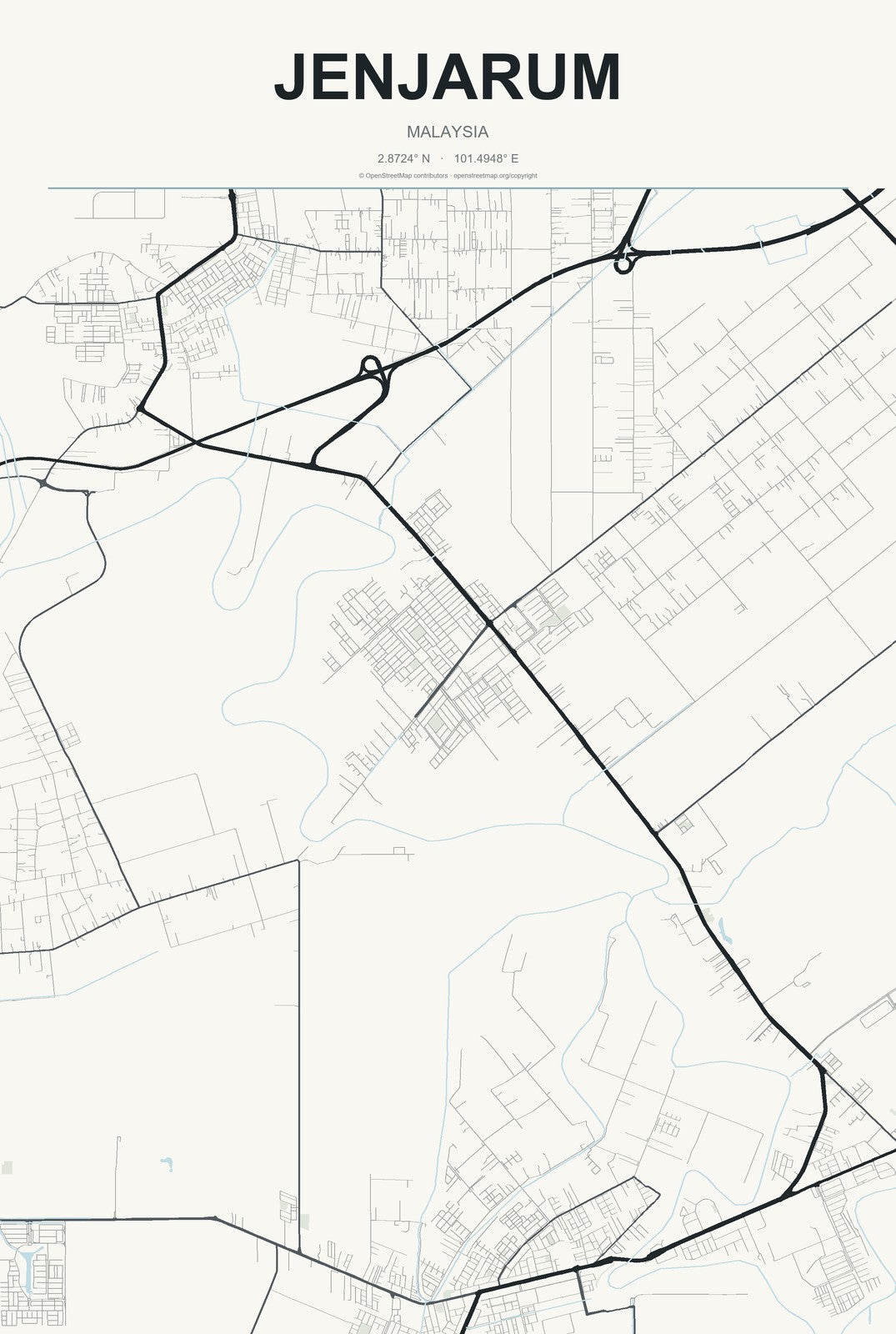 Jenjarum, Malaysia City Map Aluminum Sign in Headline Atlas style