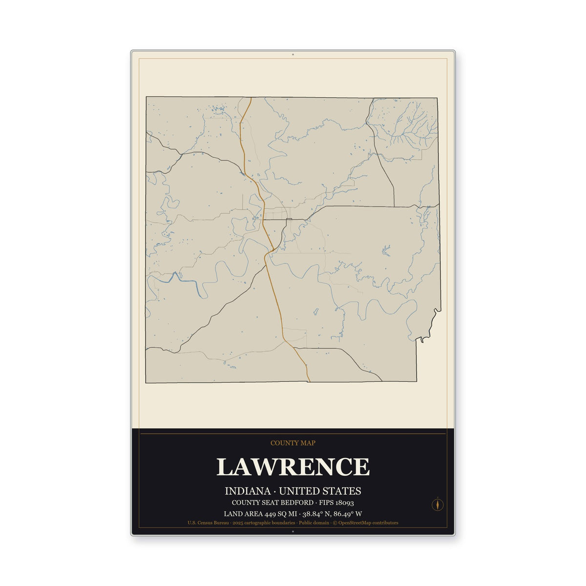 Lawrence County, Indiana Map Aluminum Sign in Museum Plaque style