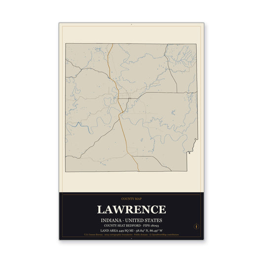 Lawrence County, Indiana Map Aluminum Sign in Museum Plaque style