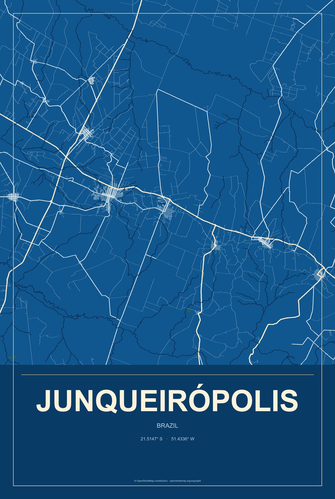 Junqueirópolis, Brazil City Map Aluminum Sign in Harbor Cobalt style