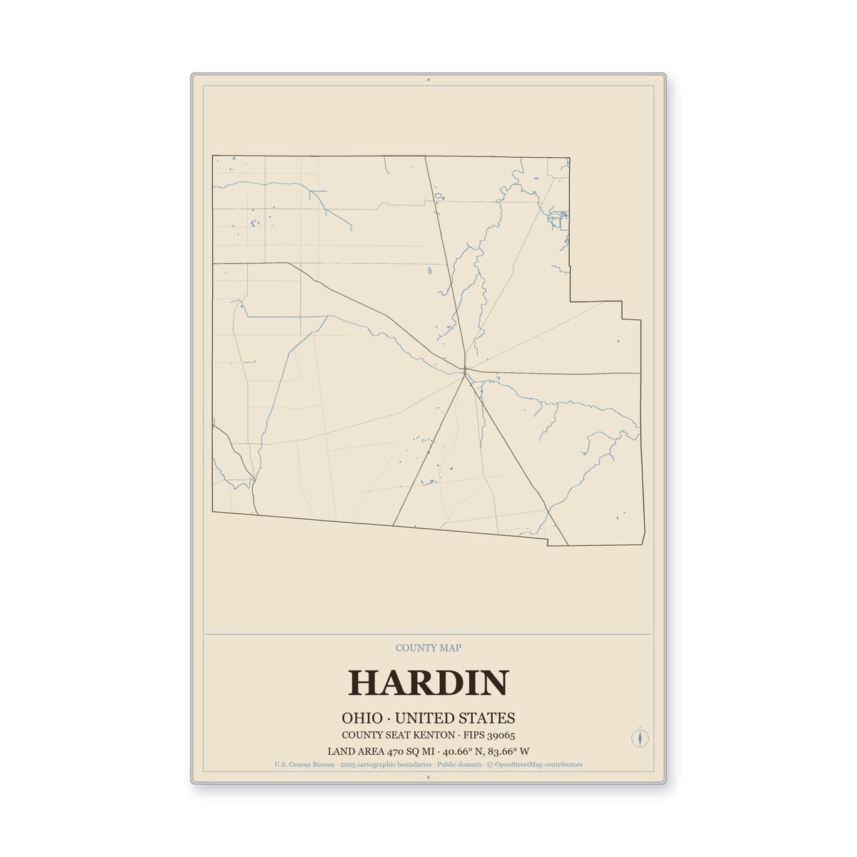Hardin County, Ohio Map Aluminum Sign in Heritage Nautical style