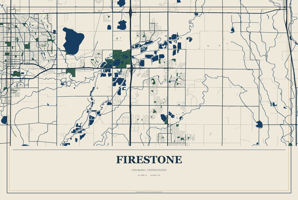 Firestone, Colorado City Map Aluminum Sign in Coastal Cutout style