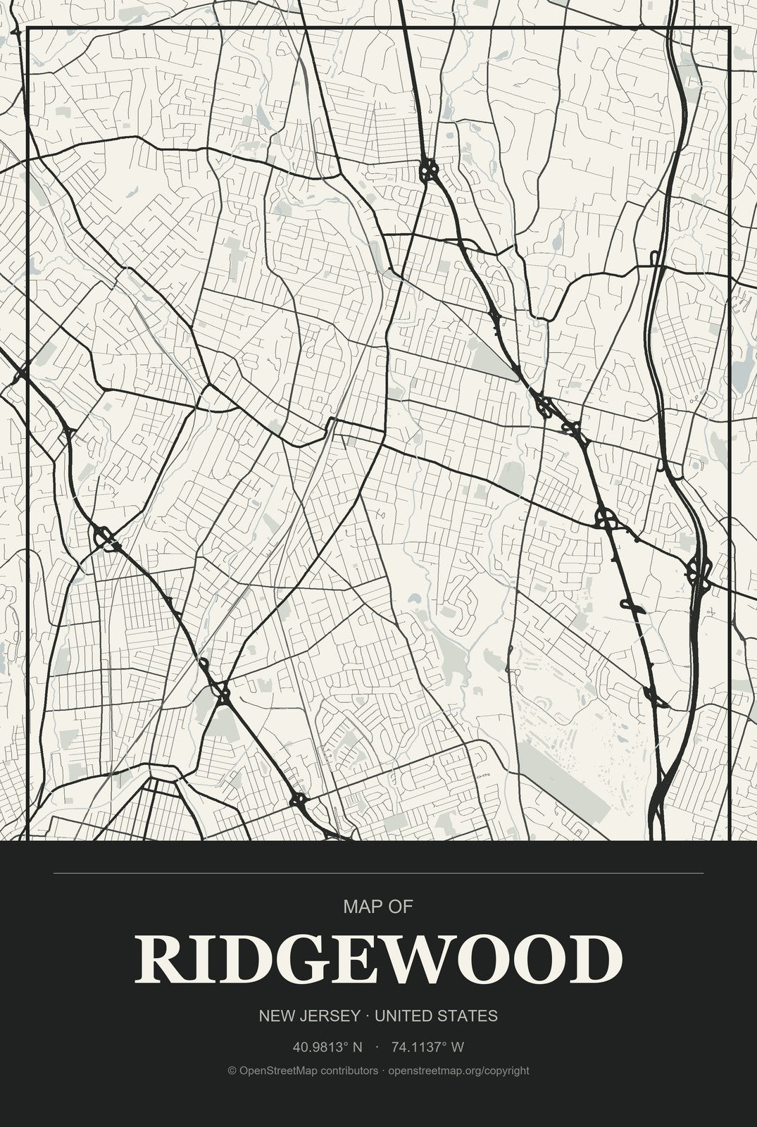Ridgewood, New Jersey City Map Aluminum Sign in Museum Plaque style