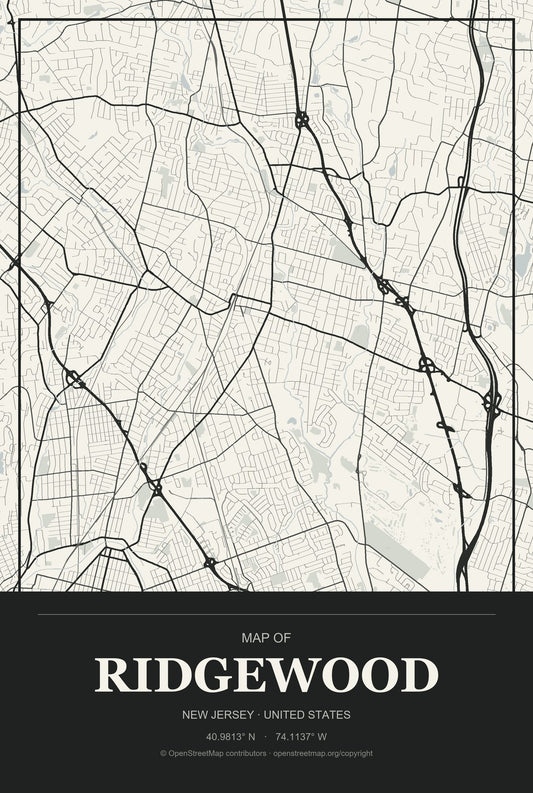 Ridgewood, New Jersey City Map Aluminum Sign in Museum Plaque style