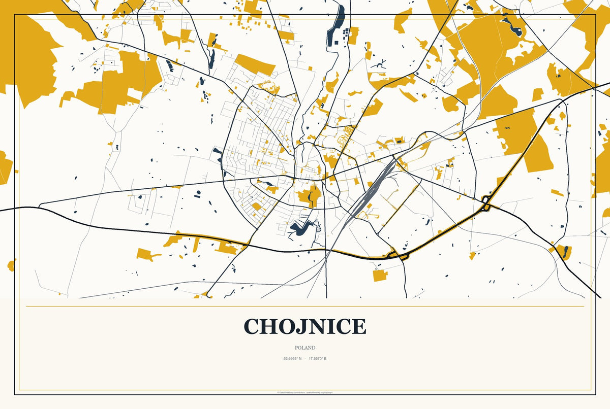 Chojnice, Poland City Map Aluminum Sign in Citrine Modern style