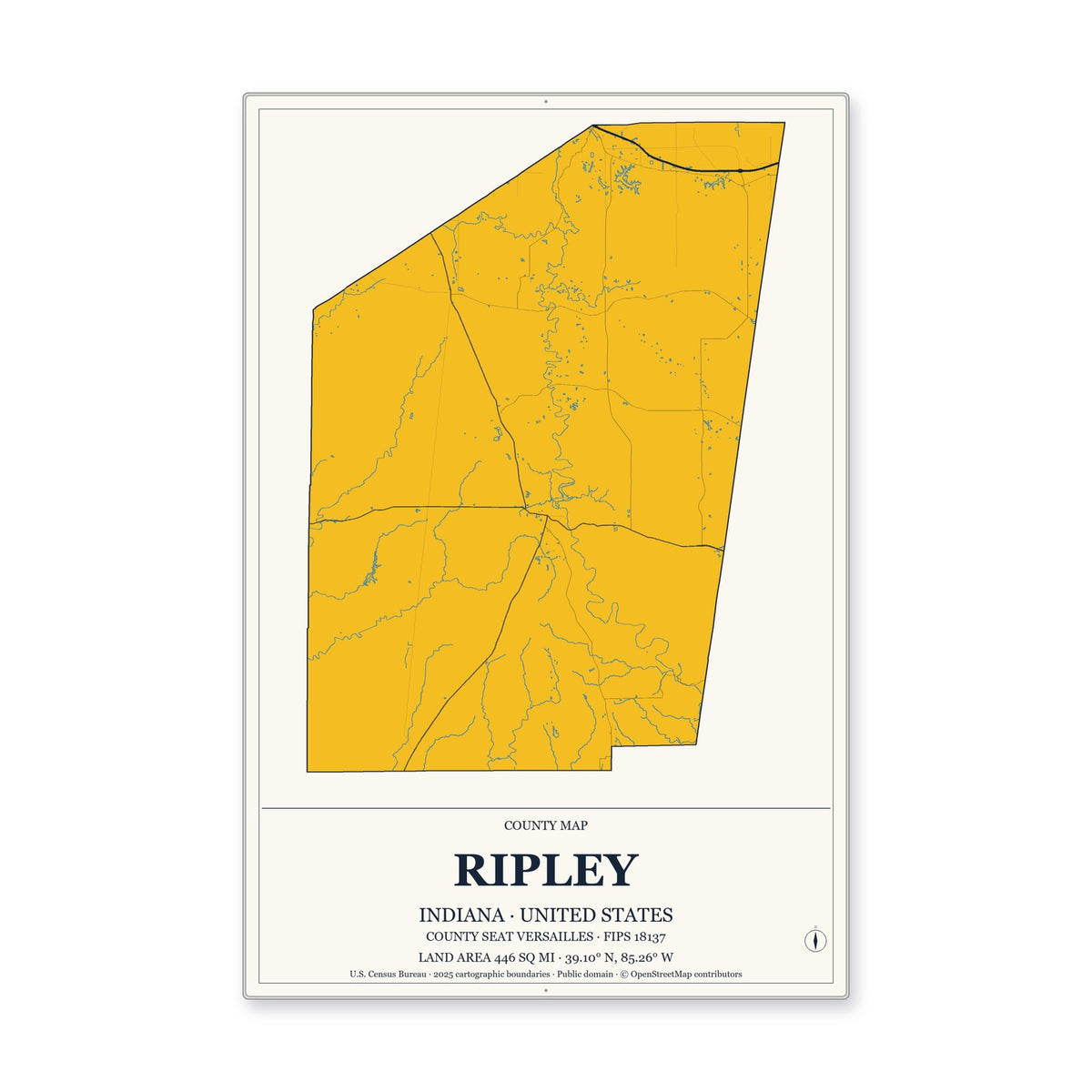 Ripley County, Indiana Map Aluminum Sign in Citrine Modern style