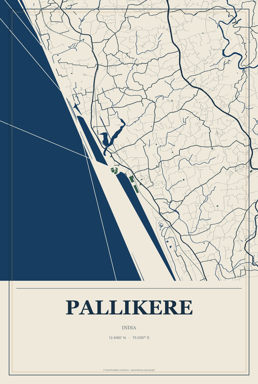 Pallikere, India City Map Aluminum Sign in Coastal Cutout style