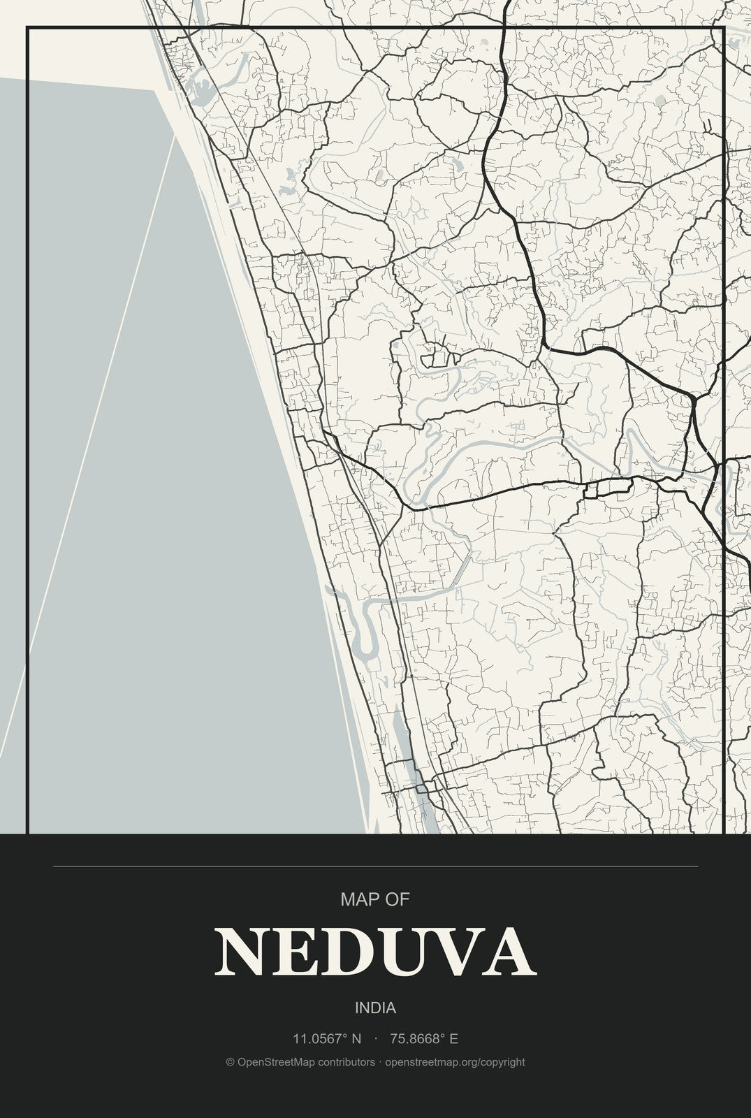 Neduva, India City Map Aluminum Sign in Museum Plaque style