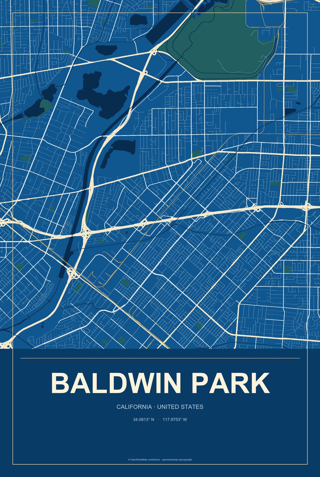 Baldwin Park, California City Map Aluminum Sign in Harbor Cobalt style