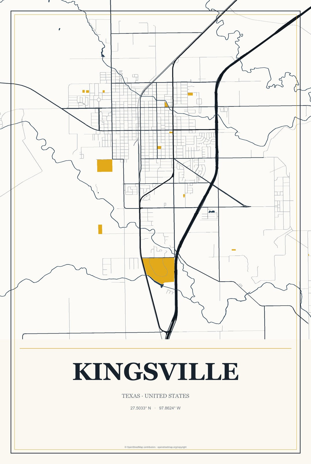 Kingsville, Texas City Map Aluminum Sign in Citrine Modern style