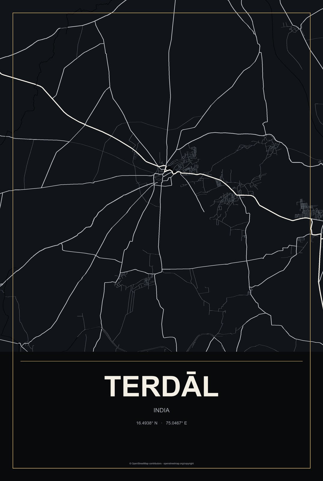 Terdāl, India City Map Aluminum Sign in Metropolitan Noir style