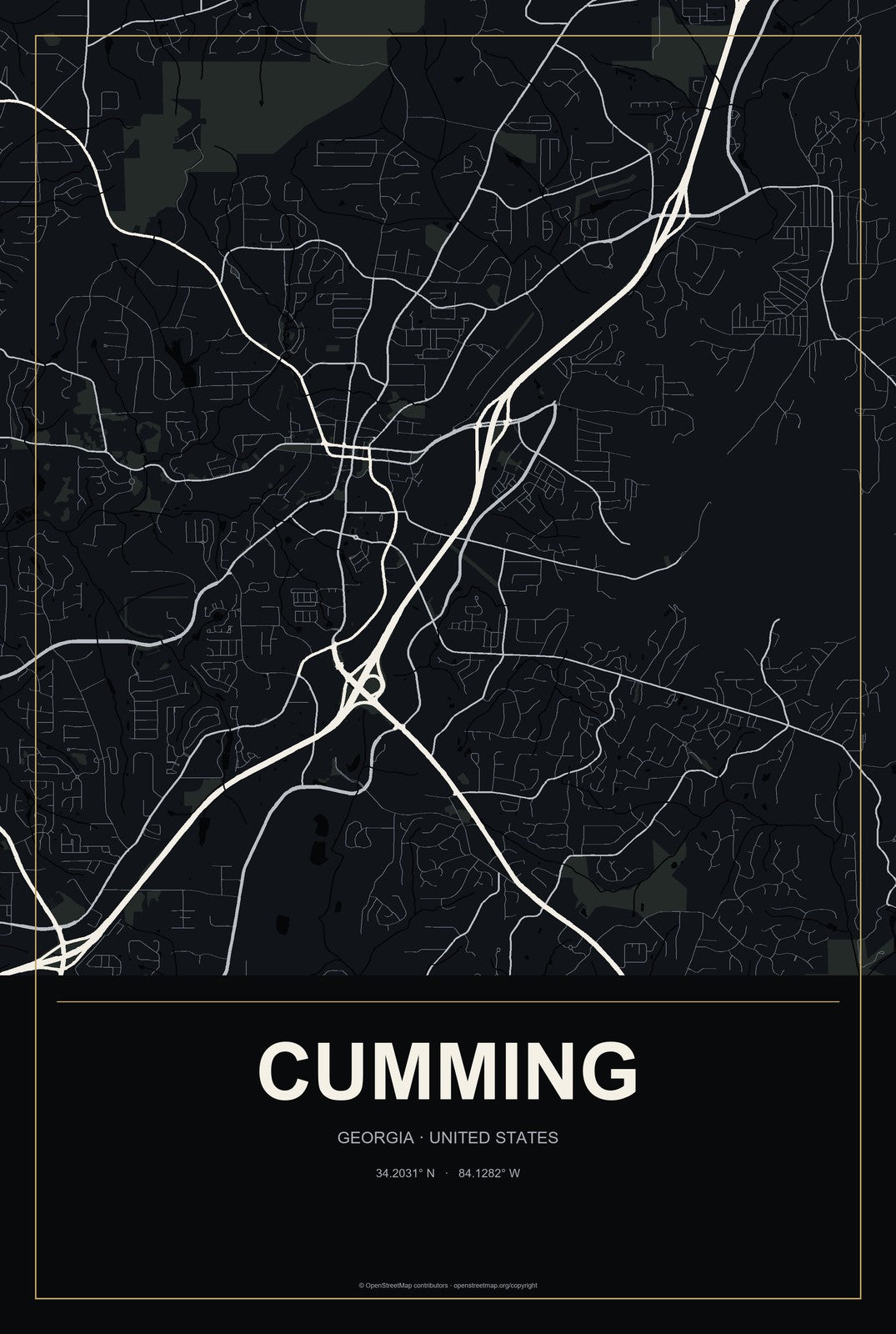 Cumming, Georgia City Map Aluminum Sign in Metropolitan Noir style