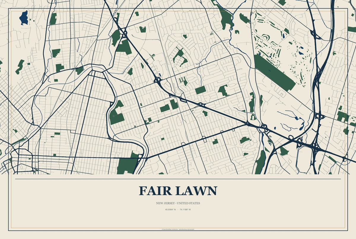 Fair Lawn, New Jersey City Map Aluminum Sign in Coastal Cutout style