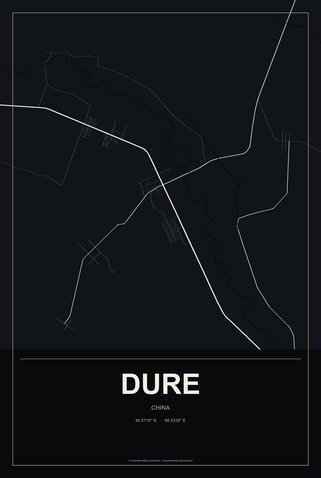 Dure, China City Map Aluminum Sign in Metropolitan Noir style