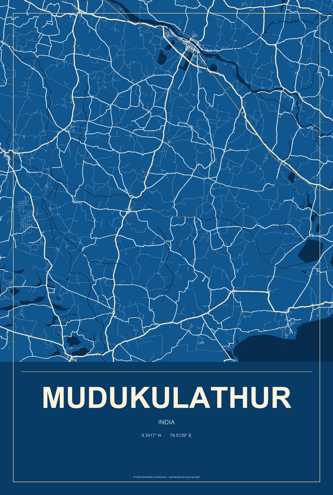 Mudukulathur, India City Map Aluminum Sign in Harbor Cobalt style