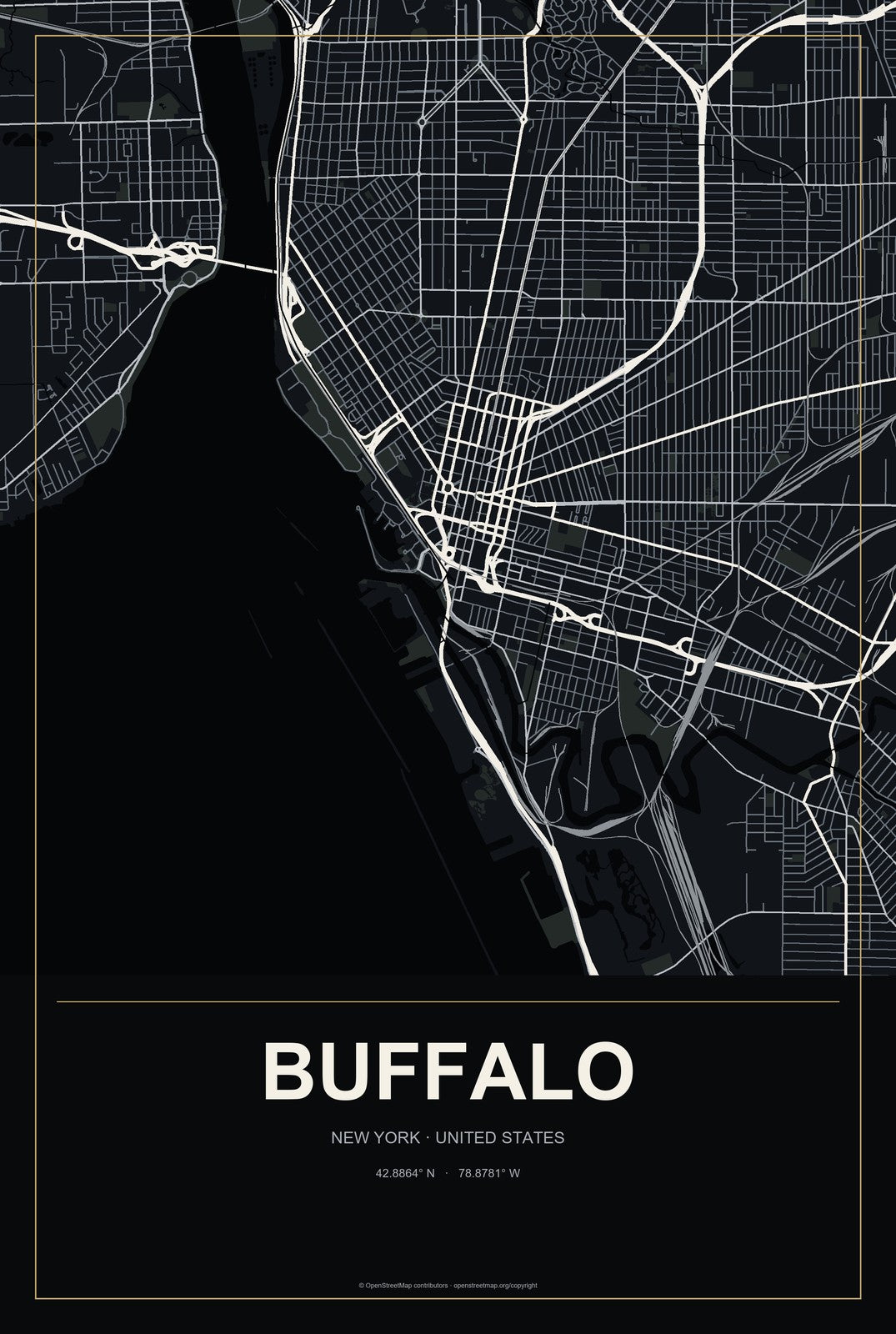 Buffalo, New York City Map Aluminum Sign in Metropolitan Noir style