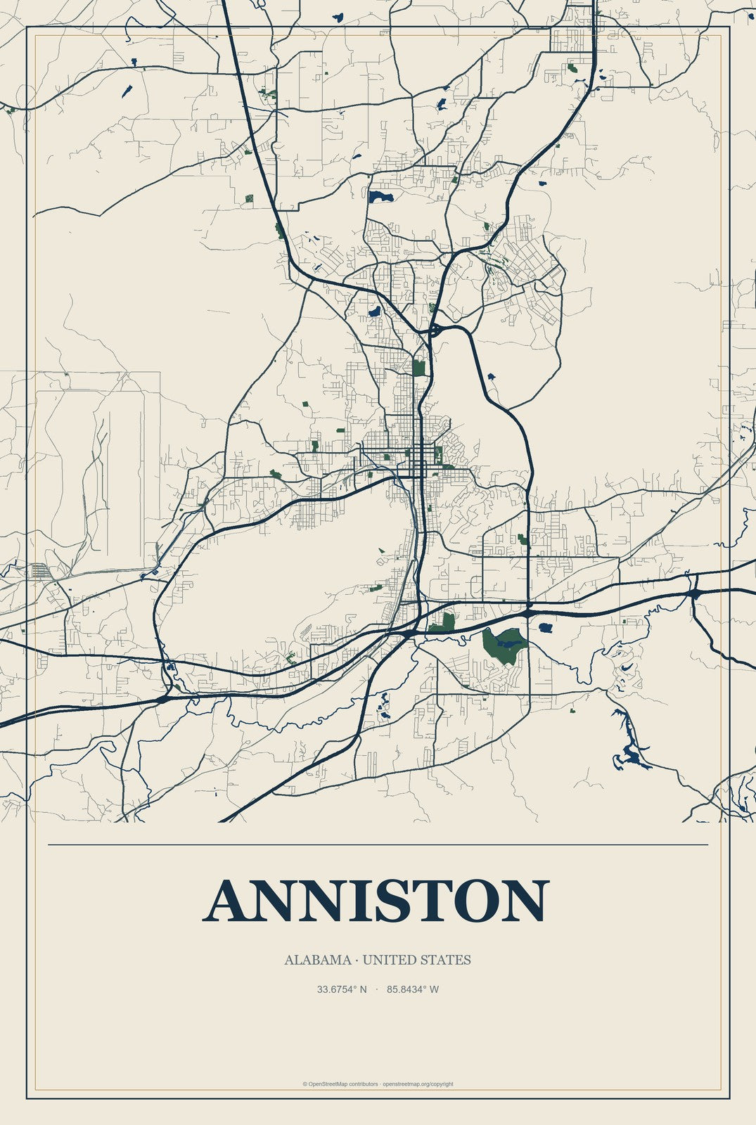 Anniston, Alabama City Map Aluminum Sign in Coastal Cutout style