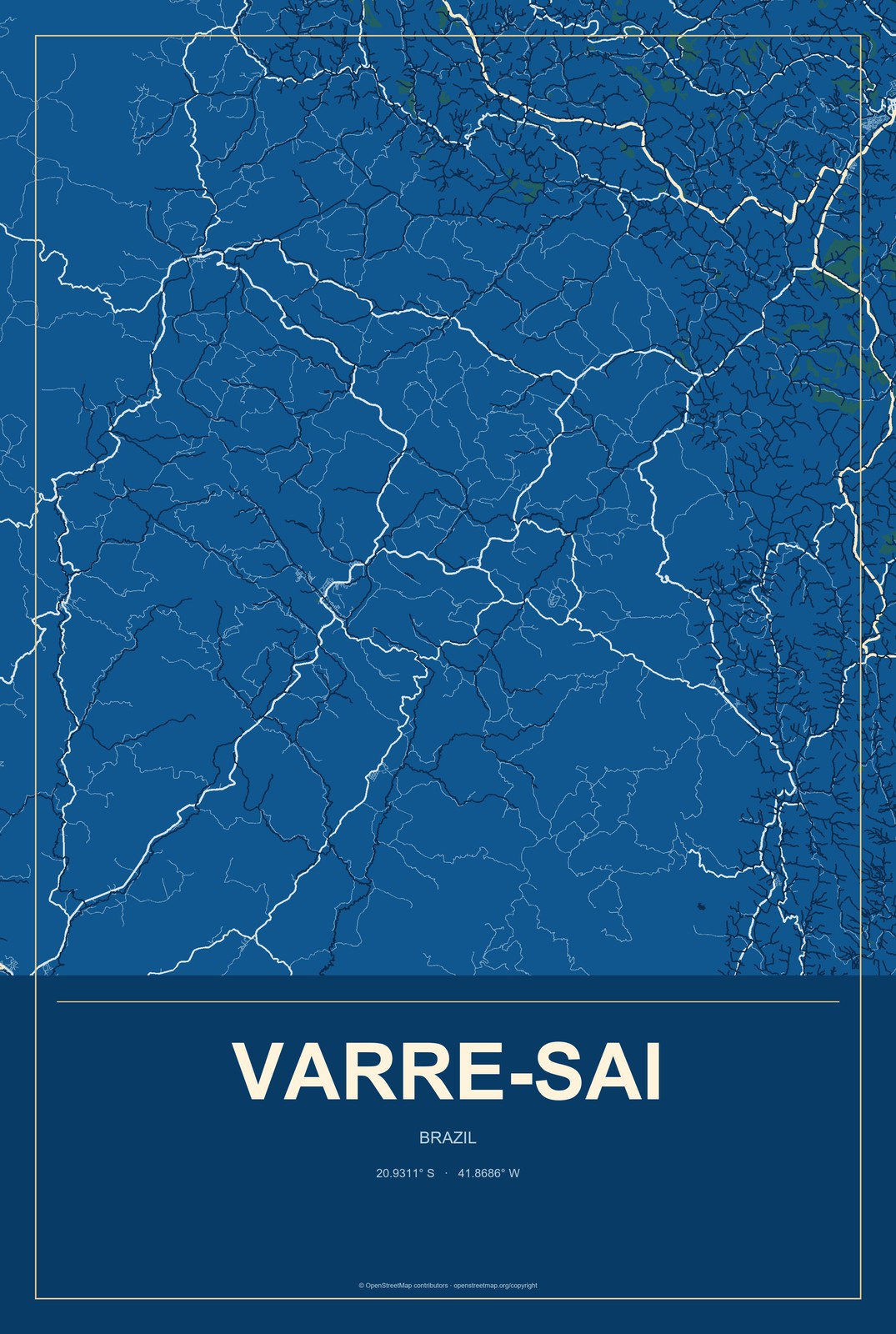 Varre-Sai, Brazil City Map Aluminum Sign in Harbor Cobalt style